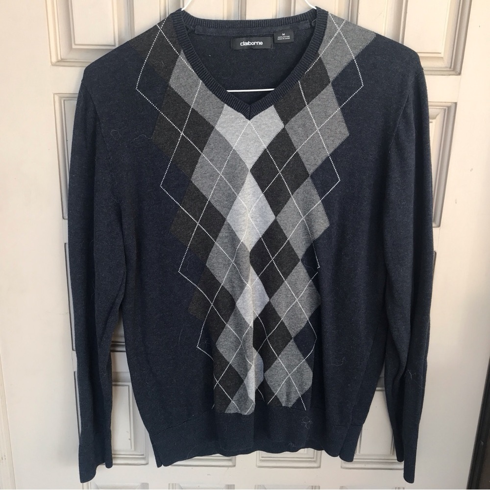 Claiborne Ladies Argyle Sweater Gray SzM Long Sleeves 100% Cotton